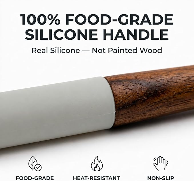 DI ORO Wooden Kitchen Utensil Set - 5 Pc Spoon & Spatula, Soft Grey | Won't scratch nonstick pots and pans; Natural hardwood, easy to hand wash; For cooking, serving, stirring, and turning