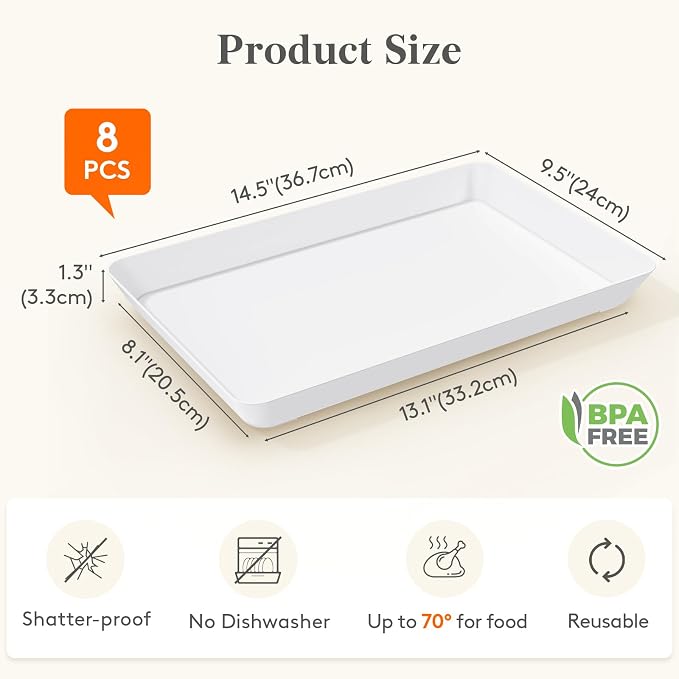 Lifewit 8 Pcs Large Serving Tray for Party, 15" x 10" Reusable Plastic Food Serving Platter for Dessert, Fruit, Cookies, Appetizers & Charcuterie, BPA-Free White Catering Trays for Buffets Display