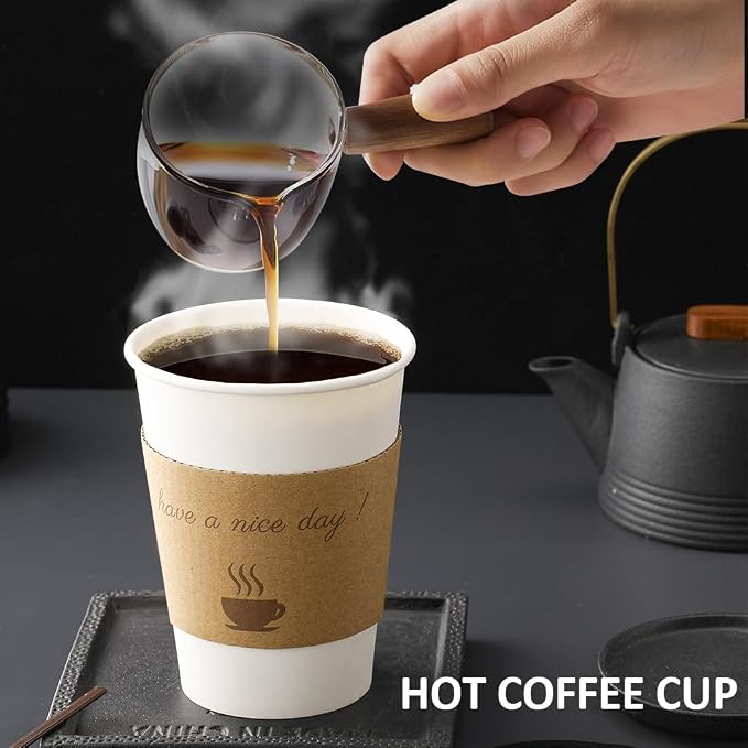 BYSNOW 100 pack 12 oz Disposable Coffee Cups with Lids Thickened Hot Cups | Scald Resistant Hot Cup with Sleeves and Stirring Sticks, To Go Coffee Cups for Home, Office, Cafes and Party (White 12oz)