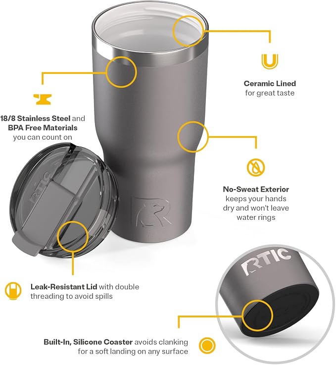 RTIC 30oz Essential Tumbler with Lid, Ceramic Lined, Graphite | Insulated, Stainless Steel Metal, Portable Travel Cup for Hot and Cold Drinks, Coffee, Car, Camping and Travel