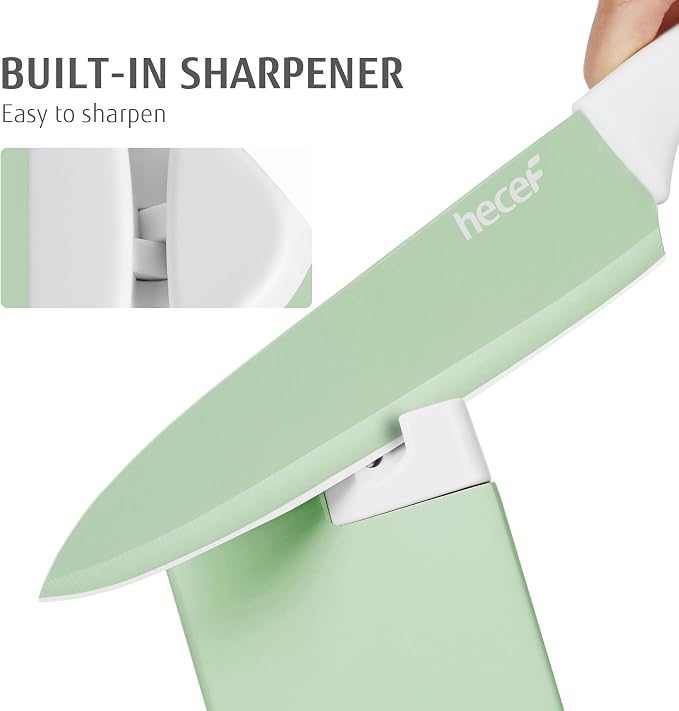 hecef 15 Pieces Green Kitchen Knife Set, Built-in Sharpening Wooden Block | Dishwasher Safe, High Carbon Stainless Steel, Includes Steak Knives & Kitchen Scissors