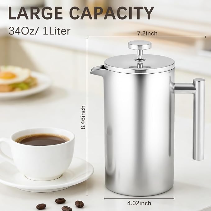 French Press Coffee Maker, 304 Grade Stainless Steel French Press with 2 Extra Filters for Home, Office, Travel, Camping - 34OZ/1 Litre (Sliver)