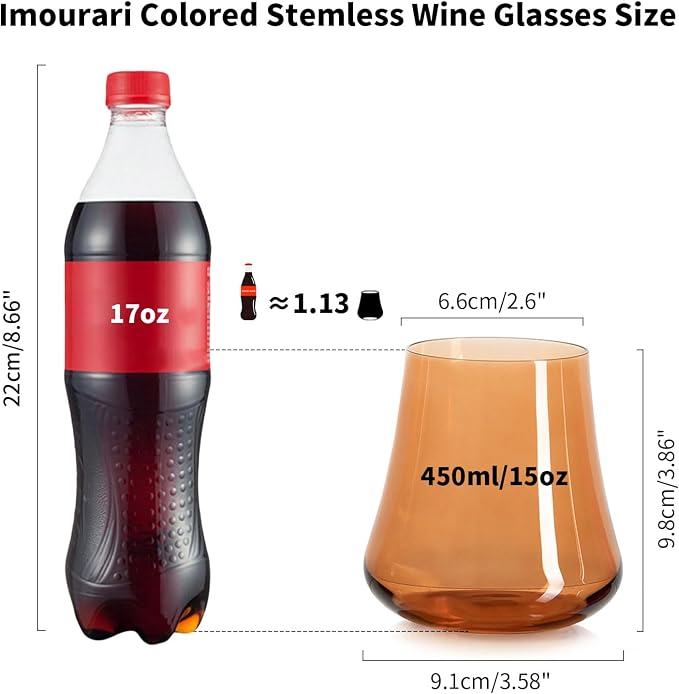 Crystal Colored Stemless Wine Glasses Brown Fall, 15oz Set of 4 | 4 Colorful No Stem Wine Glass, Hand Blown Lead-free, Tapered Rim, Stable Base, Autumn Winter Dinner Daily Use, Ready to Gift