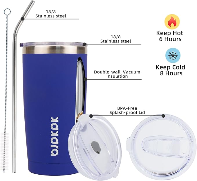 BJPKPK 20 oz Coffee Tumbler with Lid, Straw, Insulated Stainless Steel Mug | Double Wall Vacuum, Keeps Hot/Cold, BPA Free, Leak Proof, Iced Coffee Cup Fit Car Holder, Travel & Beach Ready, Blue