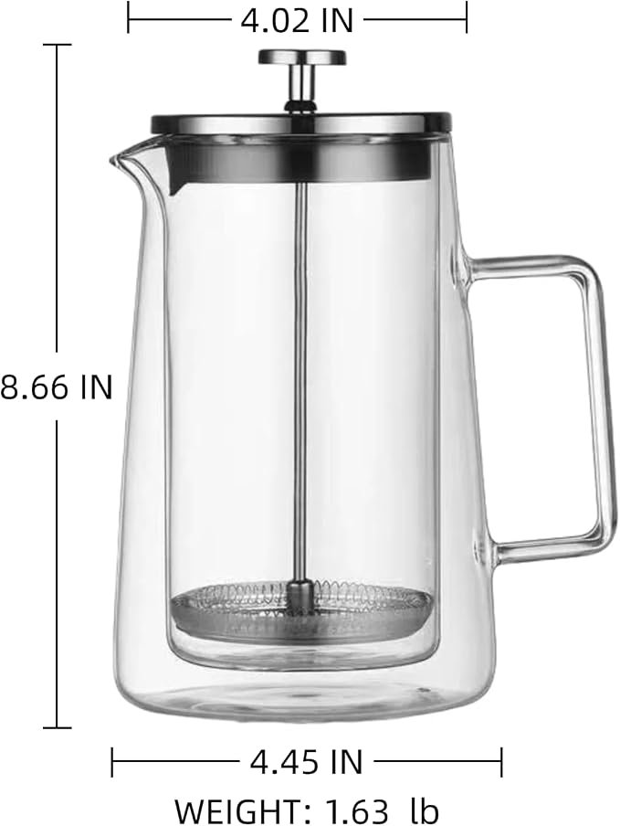 French Press Coffee Maker 34Oz (1 Liter), DoubleWall Insulated Borosilicate Glass, Heat-Resistant Design, Stainless Steel Filter for Coffee, Tea & Cold Brew