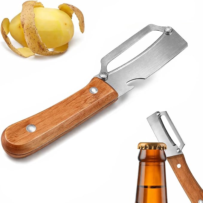 2026 Upgrade Vegetable Peeler With Wooden Handle, Stainless Steel Wide Blade Potato and Carrot Peeler, 2-in-1 Veggie Peeler With Bottle Opener for Kitchen, Camping and Travel (1PCS)