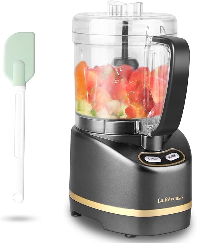 La Reveuse 2 Cup Mini Food Processor, Electric Chopper Small, Metallic Grey | for Mincing, Chopping, Grinding, Blending, Puree, 2 Pulse Speeds, Dishwasher Safe, (1) Spatula Included, 200 Watts, LARB1814B