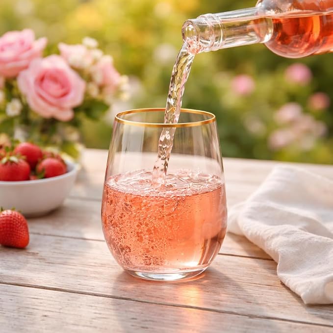 Oojami 40 Pack Diamond Disposable Wine Glasses Stemless 12 oz Pink Gold | Unbreakable Shatterproof BPA-Free, Reusable Recyclable Plastic Wine Cups for Wedding Party Cocktail Whiskey Champagne