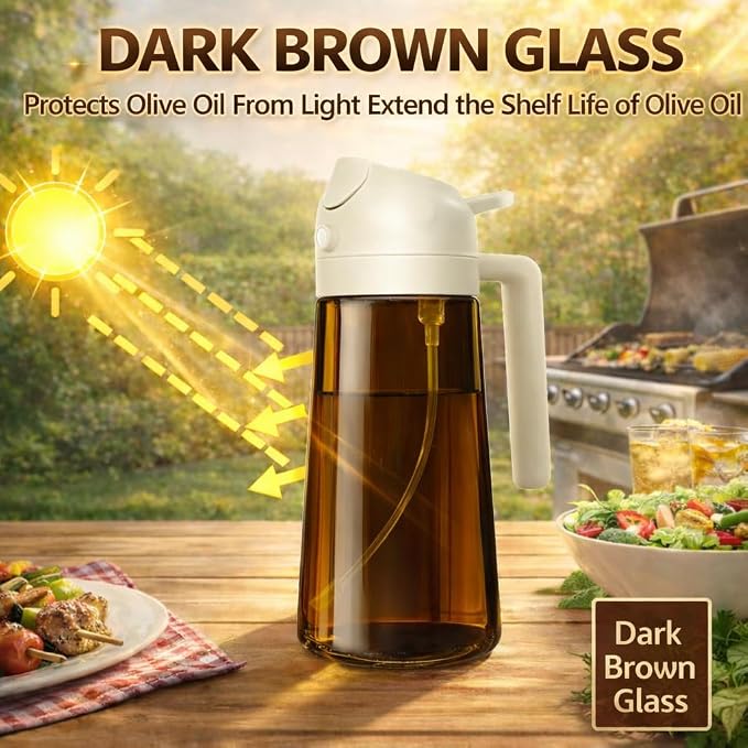 Oil Sprayer for Cooking, 2 in 1 Olive Oil Dispenser, Bottle for Kitchen, 16oz/470ml Premium Dark Green Glass Oil Bottle, Oil Sprayer for Air Fryer, Salad, Frying, BBQ. (Black) (Brown)