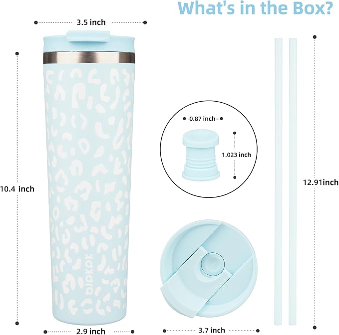 BJPKPK 34oz Coffee Tumbler with Straw, Insulated Stainless Steel Cup | Double Wall Vacuum, Leak Proof Lid, Keeps Hot/Cold/Iced, BPA Free, Travel & Outdoor, Light Blue Leopard