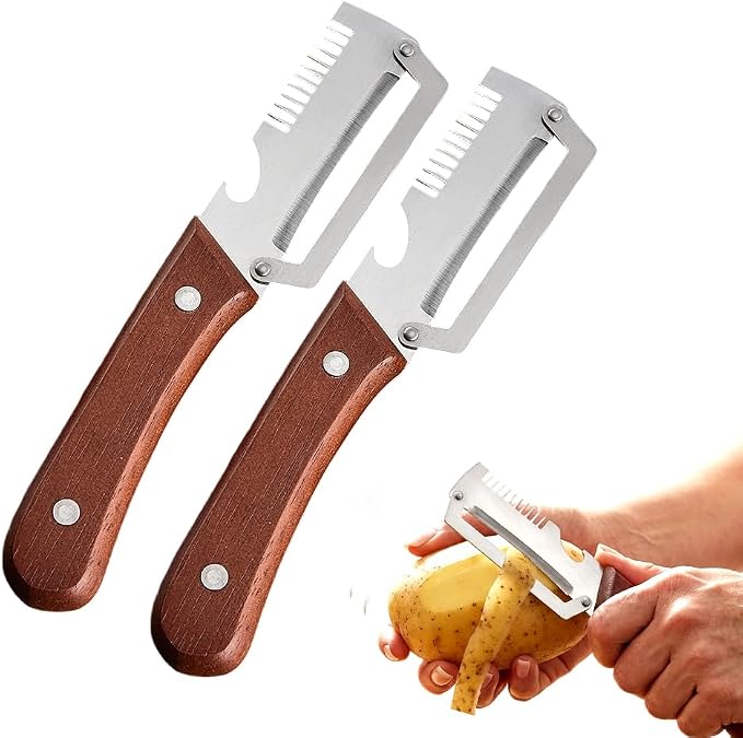 Multi-Functional Vegetable Peeler for Kitchen, 2026 New Stainless Steel Peeler with Wooden Handle and Bottle Opener, Kitchen Tool for Fruit Veggie Pumpkin, Gifts for Mom (Brown，2PCS)