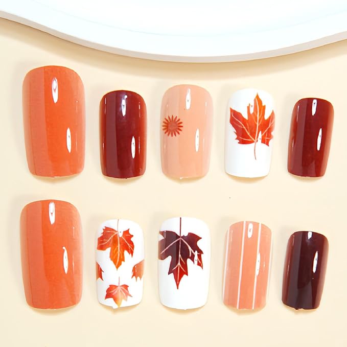 Fall Press on Nails Medium Square Fake Nails with Maple Leaves Designs Nails Press ons Brown False Nails Reusable Stick on Nails for Women 24 Pcs