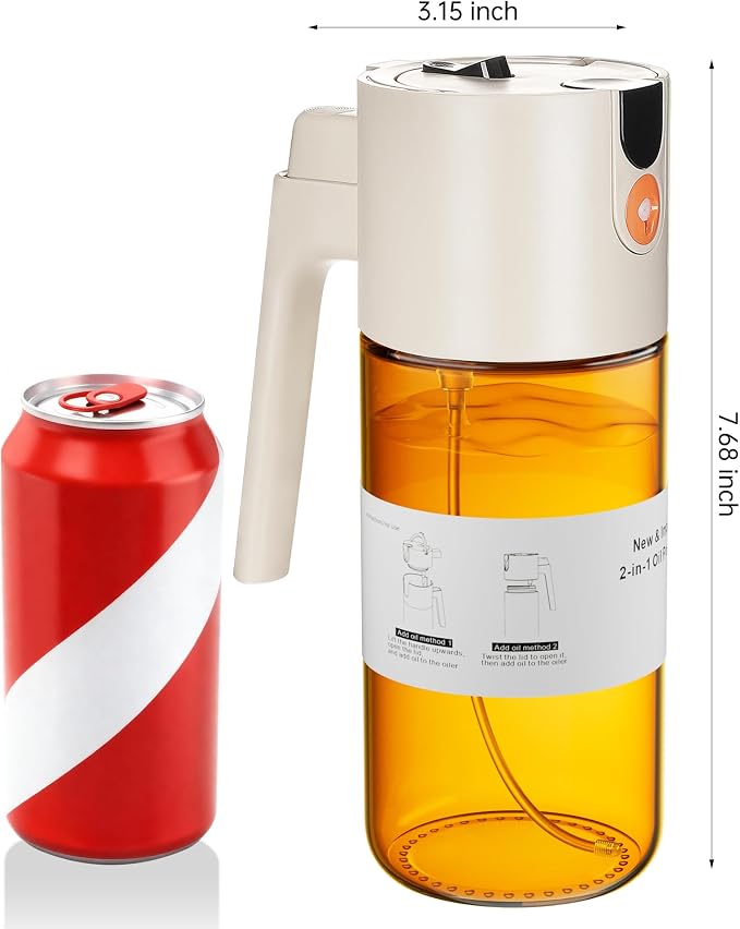 Olive Oil Sprayer & Dispenser Bottle for Cooking 17oz Dark Glass Oil Mister | 2-in-1 Sprayer & Pourer, Leakproof, Fine mist, Light-Blocking, Wide Mouth for Easy Refill & Clean, 8 Oil Labels, Reusable