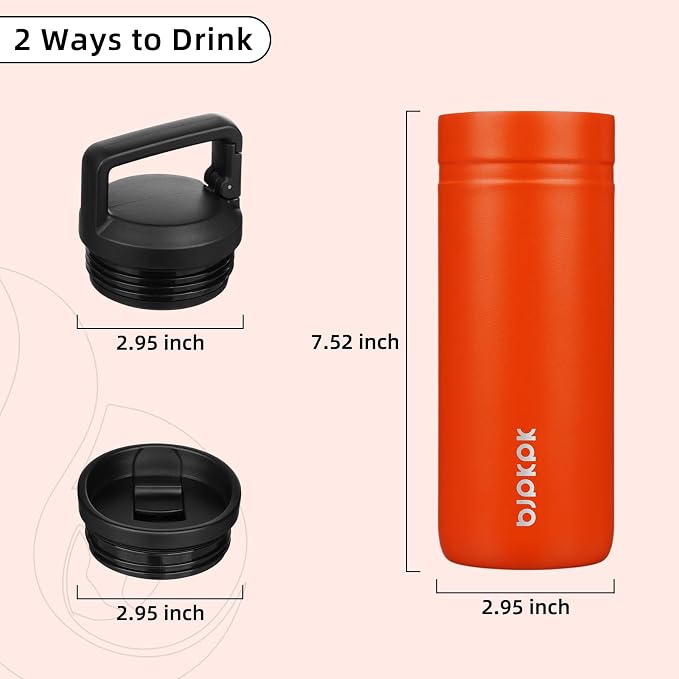 BJPKPK 20 oz Insulated Travel Water Bottle, Coffee Tumbler Stainless Steel | Double Wall Vacuum, Leakproof, Thermal, Keeps Hot/Cold, BPA Free, Dishwasher Safe, Spill Proof, Wide Mouth, 2 Lids, Orange