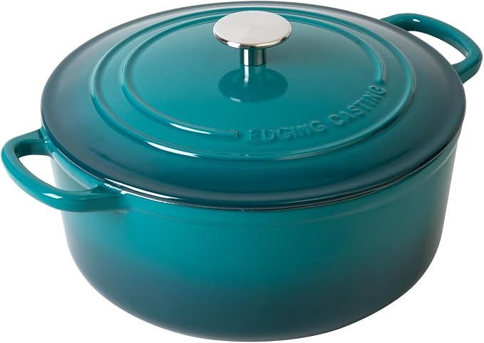 EDGING CASTING Enameled Cast Iron Dutch Oven Pot with Lid for Bread Baking, Cooking, Round Bread Oven Dual Handles, 7 Quart, Darkcyan