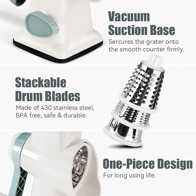 Rotary Cheese Grater Hand Crank White - Shredder Slicer Grinder 3 Stainless Steel Blades, Stable Suction, Labor-Saving Handle, Safe Kitchen Tool for Cheese, Vegetable, Nuts, Chocolate