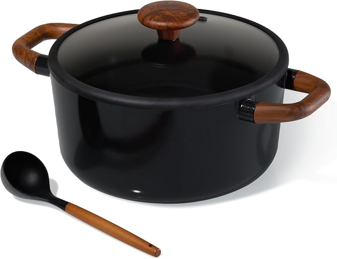 CAROTE 5QT Ceramic Stock Pot with Ladle, Nonstick Casserole with Lid, Even Heating Stockpot, Fits All Stoves, Non Stick Large Capacity Cooking Pots, PFAS Free, Black