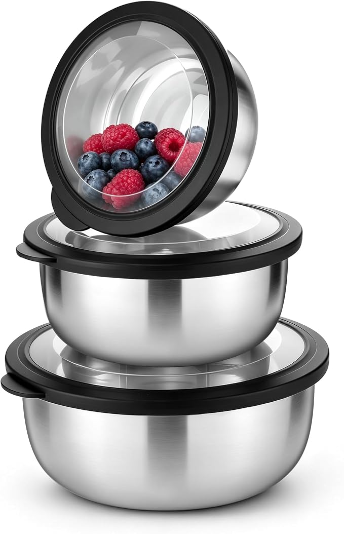 P&P CHEF Mixing Bowls with Lids Set of 3, Black Stainless Steel Salad Bowl | Nesting Bowls For Baking Cooking Serving Prepping, Wide Bowl & Airtight Lid, Size 1.75, 3.2, 5.5 Qt, Oven & Dishwasher Safe