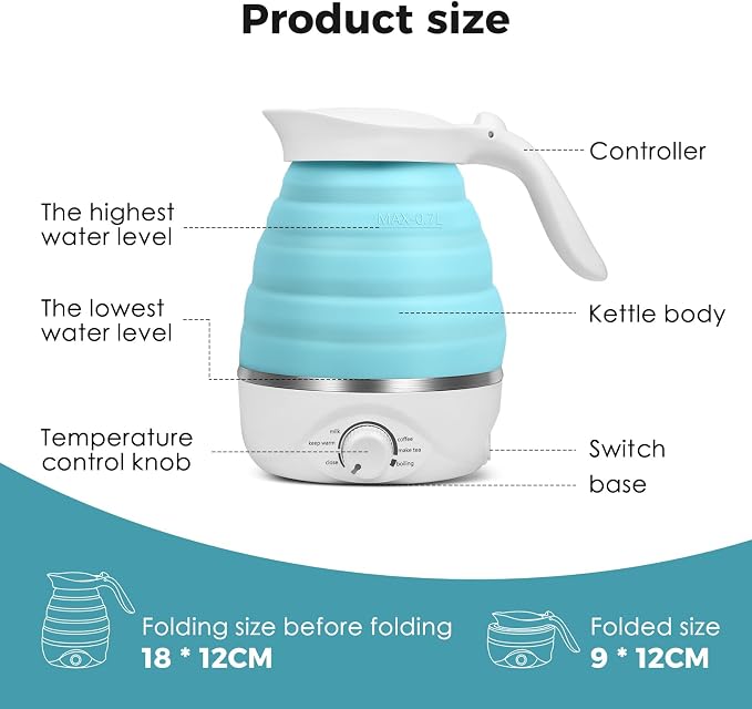Travel Foldable Electric Kettle - 110V 700ml Collapsible Kettle Blue | 850W Small BPA-free Tea Pot for Camping Food Grade Silicone Travel Electric Collapsible Kettle for Tea & Coffee