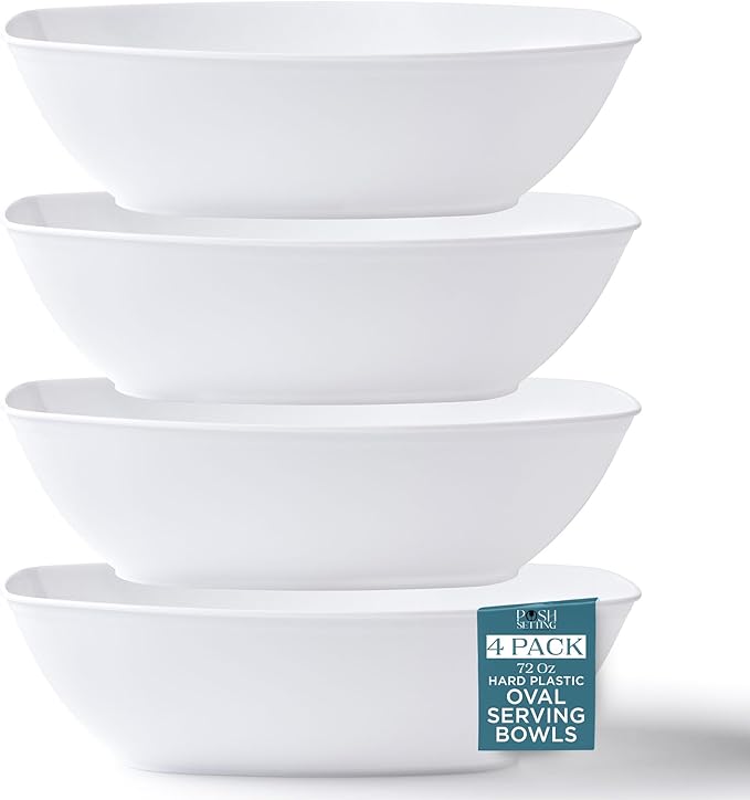 4 Pack White Plastic Serving Bowls Oval 72oz Disposable Party & Candy Bowl | Oval Bowl Design. Disposable Party Tableware. Chip, Snack & Candy Bowls. White Serving Dishes. Party & Event Use.