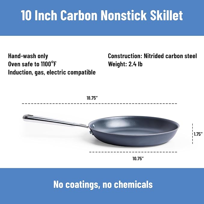 Misen Carbon Nonstick™ Skillet - Nitrided Carbon Steel - Professional Alternative to Teflon - 1100°F High Heat Ready - Easy Release - Induction, Oven, & Grill Safe - 10 Inch