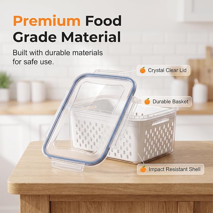 Fruit Storage Containers for Fridge, Leakproof Produce Containers with Colanders & Lids, Refrigerator Organizers and Storage for Berry Vegetable Salad Lettuce Meat Food, Gray, S