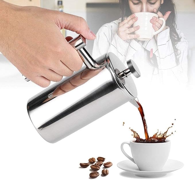 Miuly Small French Press Coffee Maker,12OZ/350ML Stainless Steel Insulated Coffee Press,Stainless Steel French Press with 2 Fliters 0.35 Liter (12oz, Sliver)
