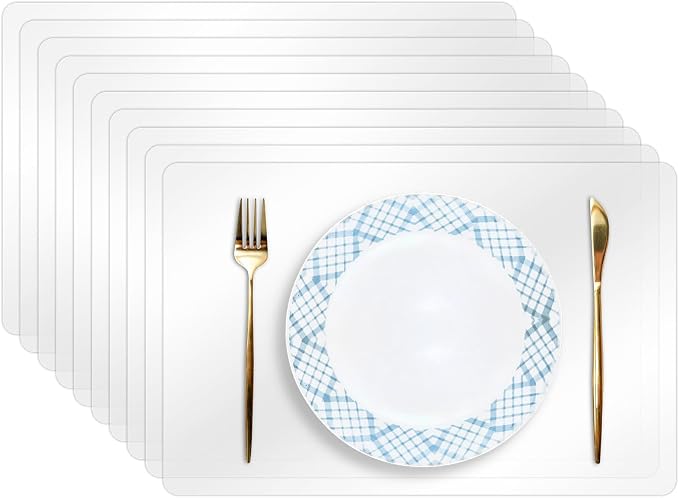 10 Pack Plastic Placemats 17x11 Inch, Clear Place Mats Wipeable, Vinyl Table Mats for Kitchen Dining Table Protection, Craft Projects, Shelf and Drawer Liner