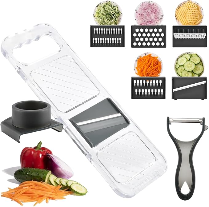 Multifunctional Mandoline Slicer with 6 Interchangeable Blades, Handheld Food Slicer with Safety Guard, Adjustable Stainless Steel Blade for Vegetable, Potato, Tomato, Onion