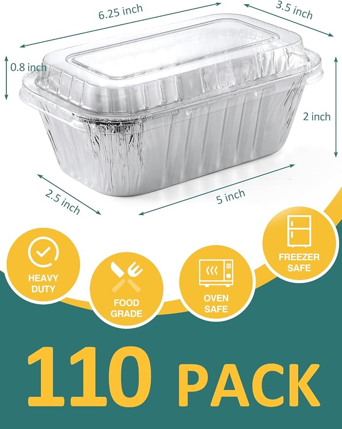 NEEBAKE 110 Pack 6x3.5x2 Disposable Aluminum Loaf Pans with Lids - 1 Lb Mini Loaf Pans, Small Aluminum Tin Foil Baking Pan, Food Containers for Baking, Cakes, Bread, Meat, Loaves
