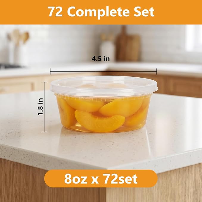 72 Sets (144-Piece) Deli Containers with Lids,8oz X 72 Set Each | Leak-Proof & BPA Free Airtight Takeout Plastic Food Storage Containers for Soup, Meal Prep, Microwave/Freezer Safe