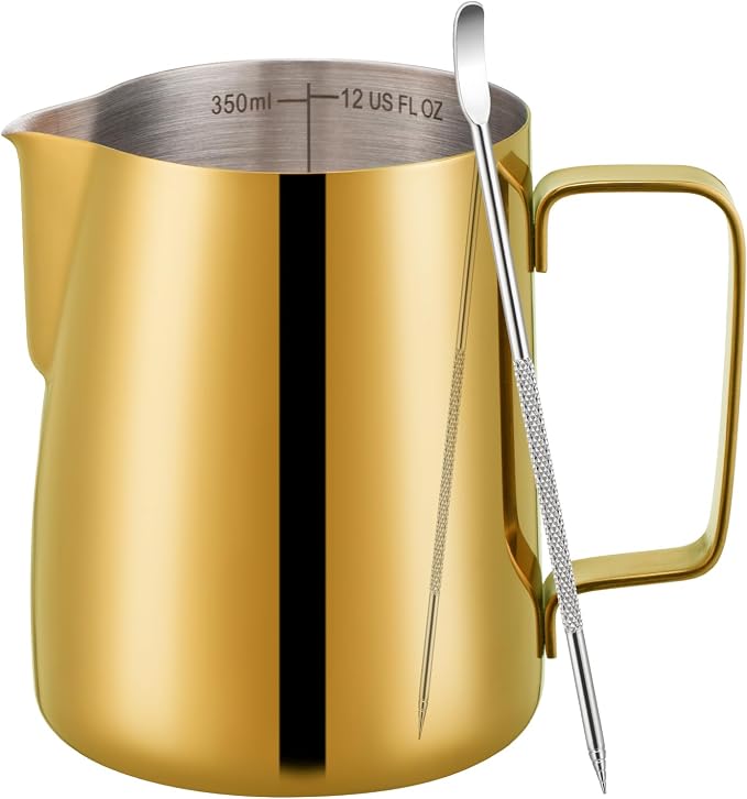 Amrules Milk Frothing Pitcher, 12 oz Milk Frother Cup with Clear Scale, 304 Stainless Steel Cappuccino Espresso Machine Accessories for Barista Coffee Bar with Latte Art Pen, Gold