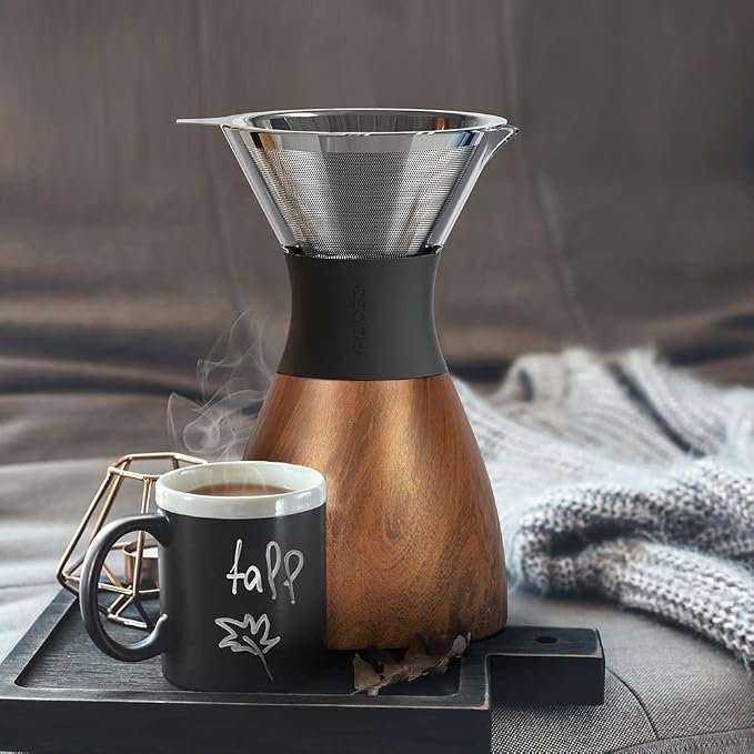 asobu Insulated Pour Over Coffee Maker (32 oz.) Double-Wall Vacuum, Stainless-Steel Filter and Take on the Go Carafe (Wood)
