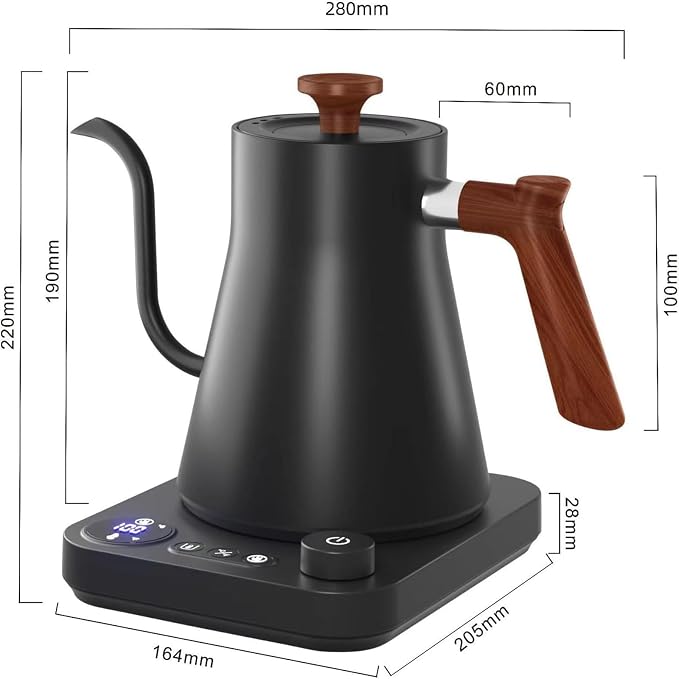 Gooseneck Electric Kettle, Black, 0.9L | ±1℉ Temperature Control, 304 Stainless Steel, Ultra-Quiet, Auto Boil Detection, 8 Safety Protections & Memory Function