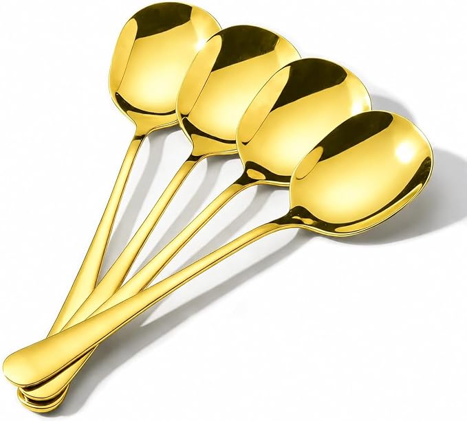 4-Piece Gold Serving Spoons, 18/8 stainless steel Spoon, Large Buffet Serving Spoon, Heavy Duty 304 Stainless Steel, Tabletop Flatware Utensil for Banquet, Cooking, and Kitchen