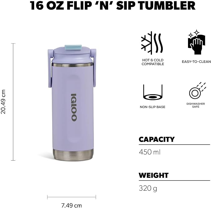 Igloo, 16 oz FlipNSip Tumbler, Reusable Travel Mug, Stainless Steel Insulated Hydration Cup for Hot & Cold Beverages, Lilac