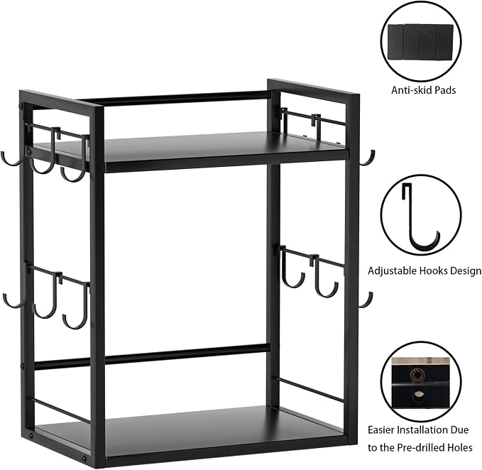Dorhors Coffee Bar Organizer,Mug Holder,Station Organizer Kitchen Counter | 2 Tier Black Wood Coffee Bar Accessories with 12 Hooks,Countertop Shelf for Mug,Syrup and Accessories