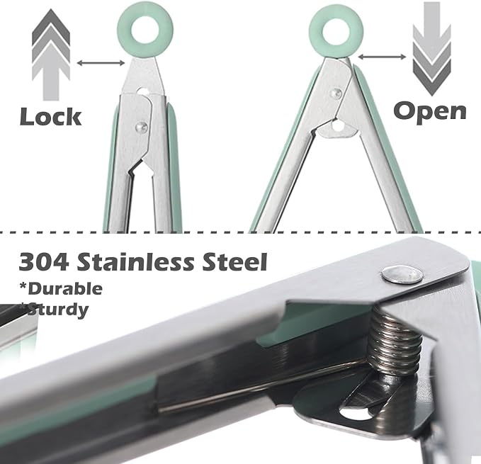 9" Kitchen Tongs for cooking with Silicone Tips, 3Pcs Serving Tongs, Green | Small Silicone Tongs mit kickstand, Food Grade, 3 different type of tongs, Stainless Steel