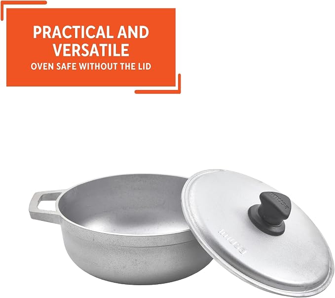 IMUSA 2 Qt Cast Aluminum Caldero Dutch Oven | Natural Finish, Riveted Handles with Aluminum Lid, Ideal for Rice, Soups, And Stews, Perfect for Serving Small Groups