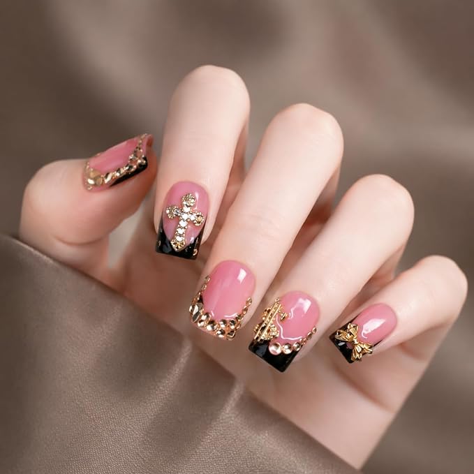 Rhinestone Press on Nails Short Square Black French Tip Handmade Nails with 3D Bow & Rhinestone Design Full Cover Muti-Layer Gel Acrylic Nails for Women Fake Nail Art DIY 10pcs (M)