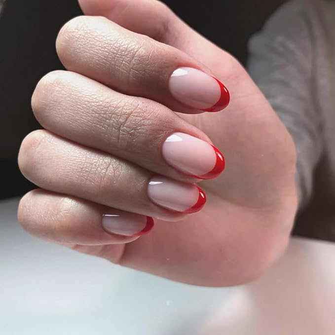 Modelones Red French Tip Press on Nails Short, Summer Oval Fake Nails | Reusable Nail Kit with Nail Glue Adhesive Tabs Mini Nail File, Nails Press Ons 32Pcs 16Sizes, Women Girl Gift