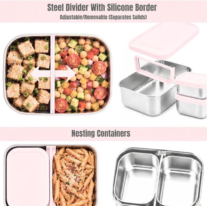 Flexibento Leak Proof Stainless Steel Lunch Box, Pink, 40 OZ