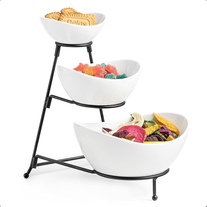 Miamolo 3 Tier Serving Bowls with Stand, Chip and Dip Bowl for Entertaining | Ceramic Food Display for Fruit Salad Snacks Party | with Removable Stand Space-saving Storage | Microwave & Dishwasher Safe