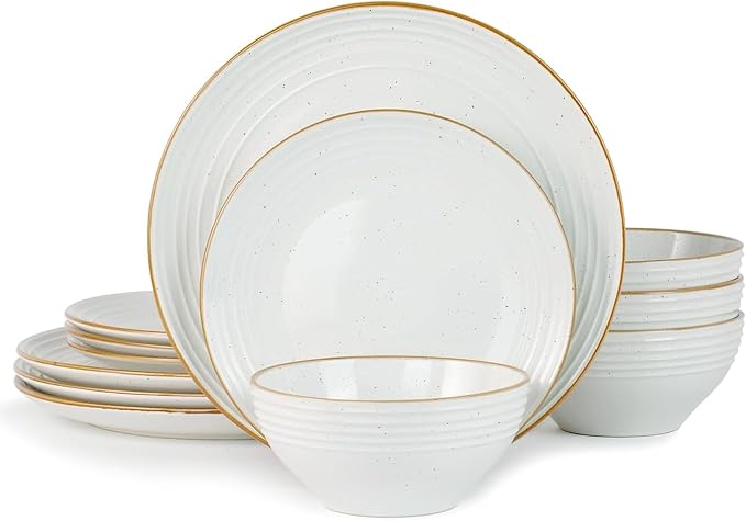Famiware Jupiter Plates and Bowls Sets with Rim, Stoneware Dinnerware for 4 | 12-Piece Ceramic Neutral Dish Set, Speckled & Embossed Swirl, Chip & Scratch Resistant, Microwave & Dishwasher Safe, White