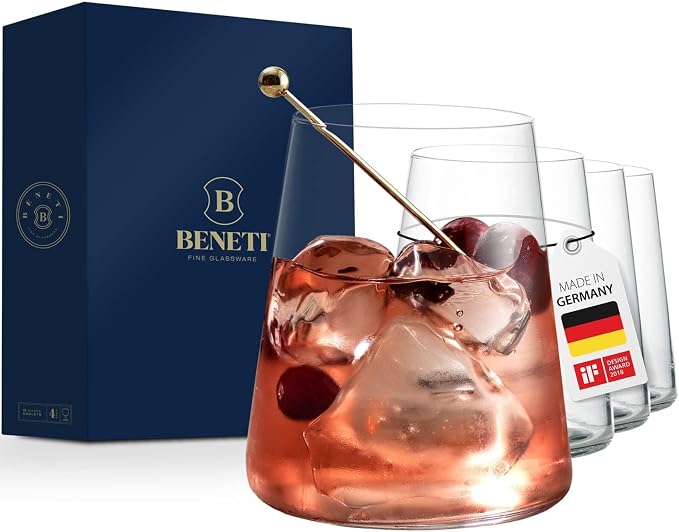 BENETI German Made Stemless Wine Glasses set 4 | Premium 17oz Stemless Wine Glass | Crystal Glass Cups For Red & White Wine, Modern Durable Drinking Glasses, Gift Idea for Men or Women