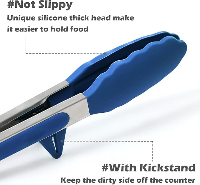 9" Kitchen Tongs for cooking with Silicone Tips, 3Pcs Serving Tongs, Blue | Small Silicone Tongs mit kickstand, Food Grade, 3 different type of tongs, Stainless Steel