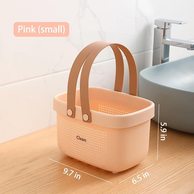 Portable Shower Caddy Basket with Handles Plastic Storage Basket Small Pink | Sturdy Drainage Large Capacity Organizer Basket with Silicone Handles for Bathroom Kitchen Bedroom College Dorm Essentials