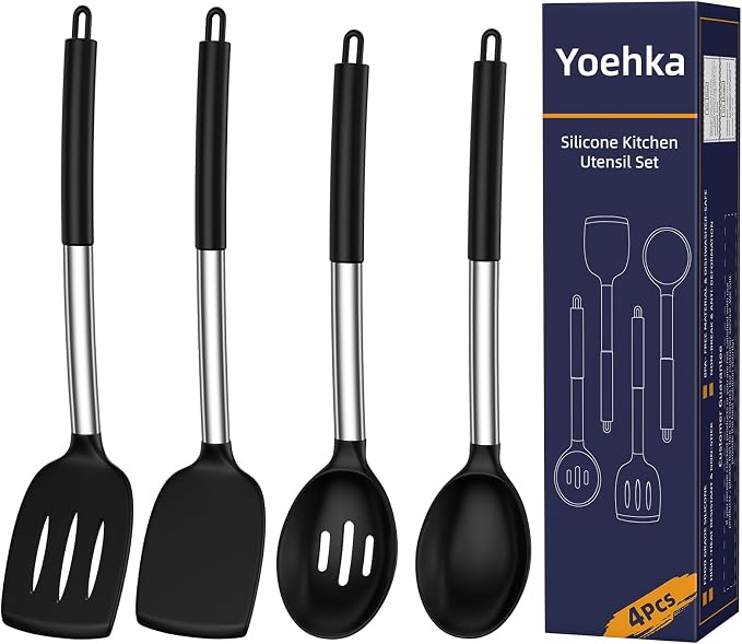 Yoehka Silicone Cooking Utensils Set, 4Pcs Spatula and Spoon Set, Black | For Non-stick Cookware, Heat Resistant 446°F (232°C), Stainless Steel Handle, Food Grade