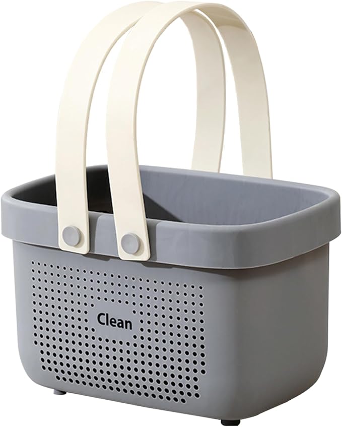 Portable Shower Caddy Basket with Handles Plastic Storage Basket Small Grey | Sturdy Drainage Large Capacity Organizer Basket with Silicone Handles for Bathroom Kitchen Bedroom College Dorm Essentials
