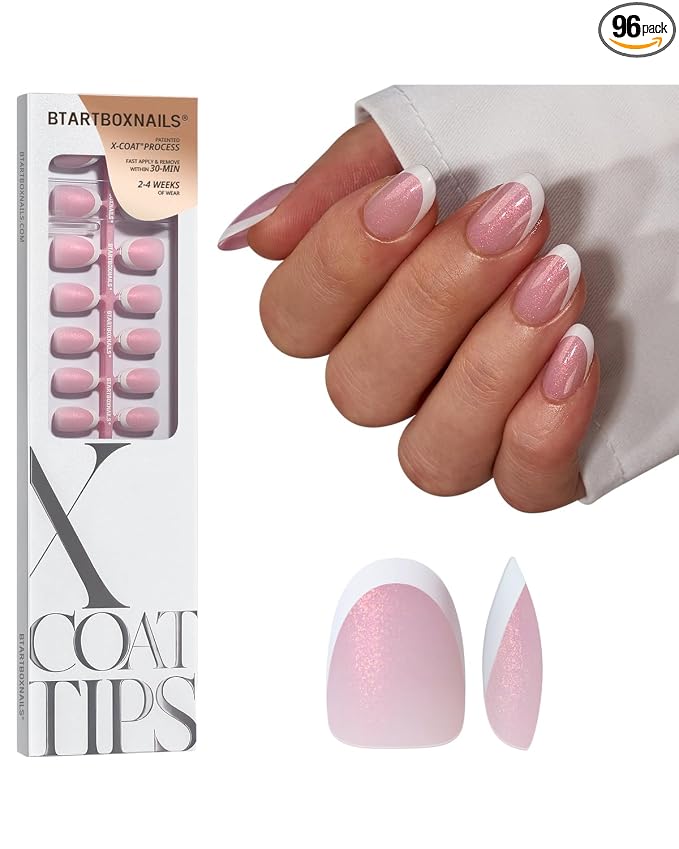 BTArtboxnails XCOATTIPS White French Tip Press On, XS Almond, Pink Glitter | Lamp-Curable 4-Week Wear, Salon Quality Value at Home, Natural Nail Look, Easy-to-Apply for Beginners, 96ct Nail Tips Only